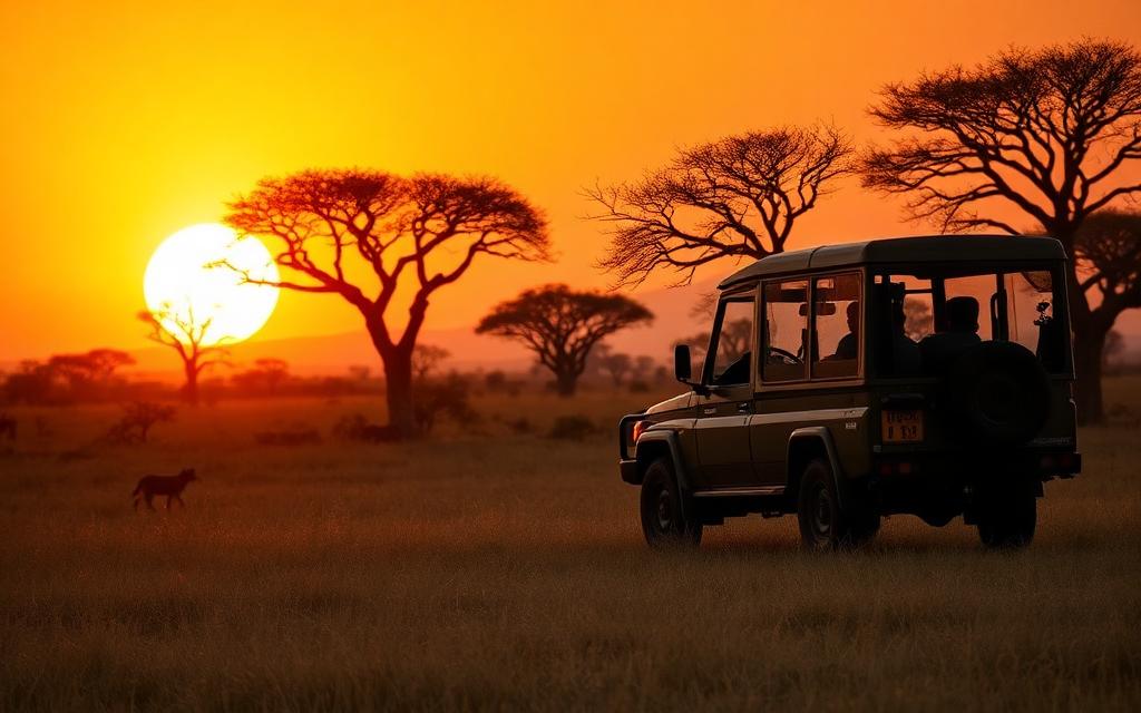 Safari vehicle on the savannah at sunset