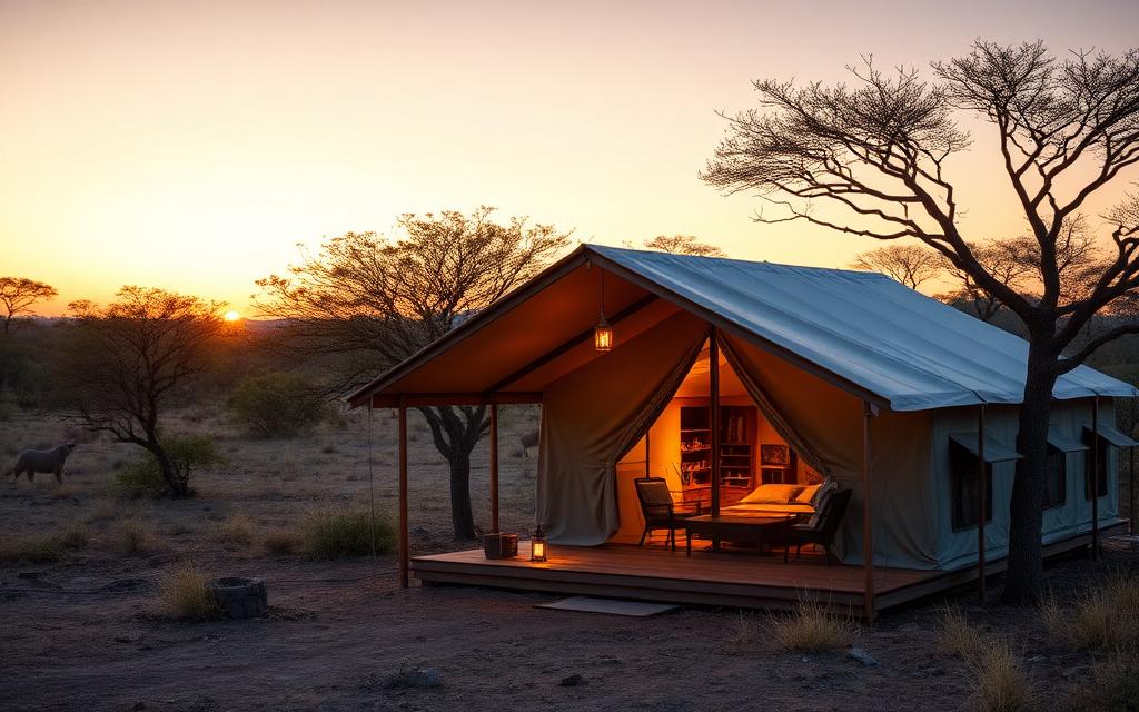 Luxury safari tented camp at sunset